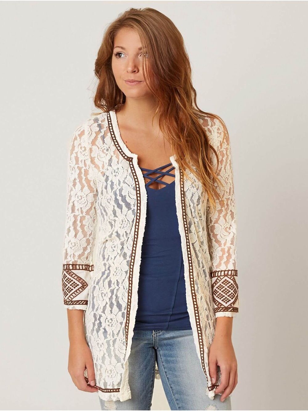 BKE Ivory Lace Kimono with Red Trim